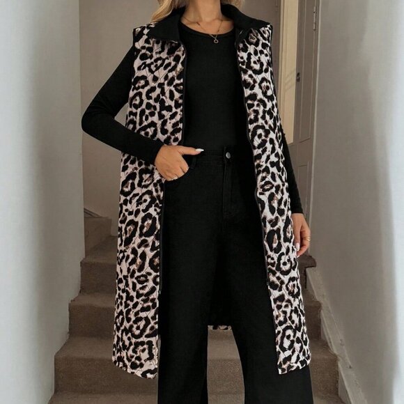 Casual Women's Leopard print Zip up Long Vest Jacket With Pockets - Picture 2 of 6